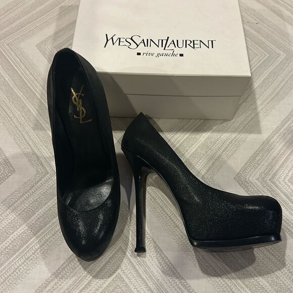 Yves Saint Laurent Women’s Black Leather Tribtoo Platform Pumps - 105 - Picture 1 of 8